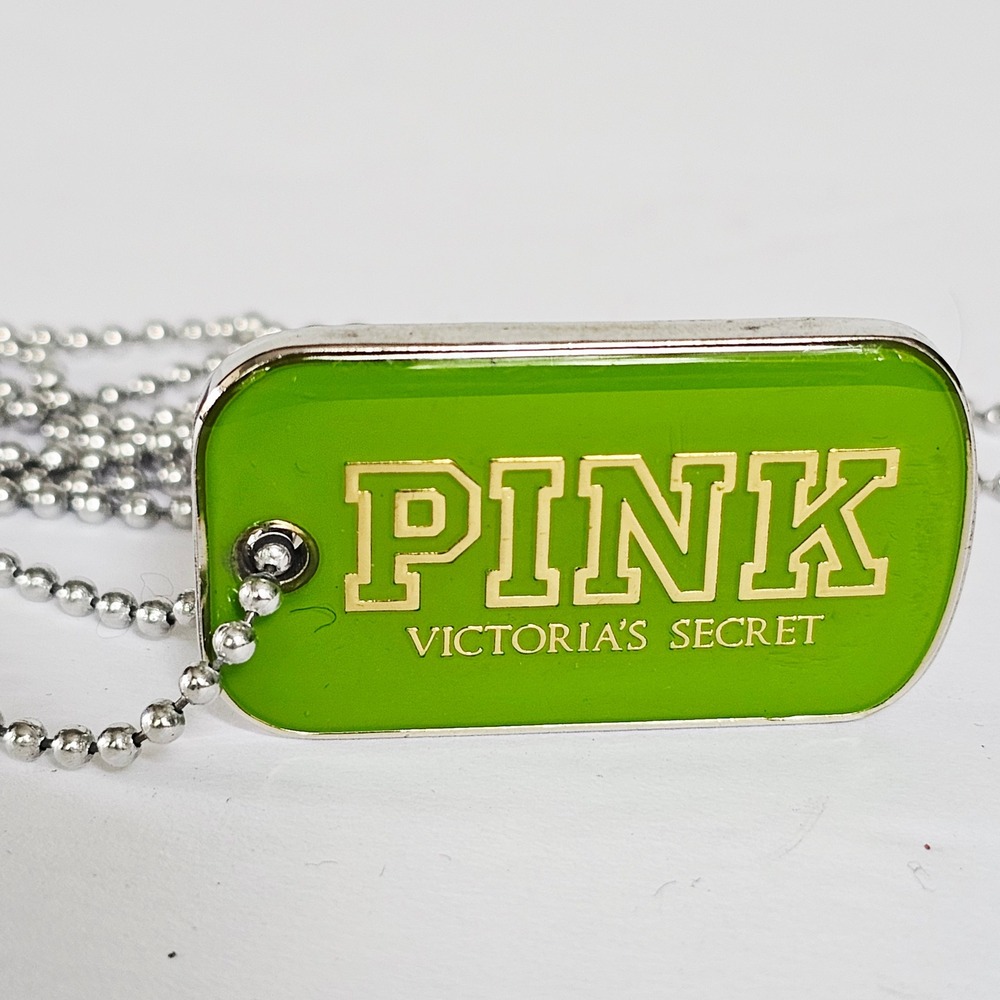 Y2K Victoria's Secret PINK Dog Tag Necklace Lime Green Enamel Ball Chain 86 Logo